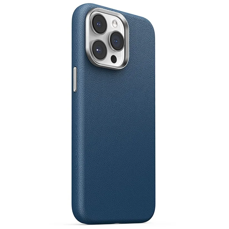 JOYROOM JR-BP007 Litchi Pattern Series Magnetic Case for iPhone 15 Pro , Genuine Cow Leather Coated PC+TPU Phone Cover - Blue
