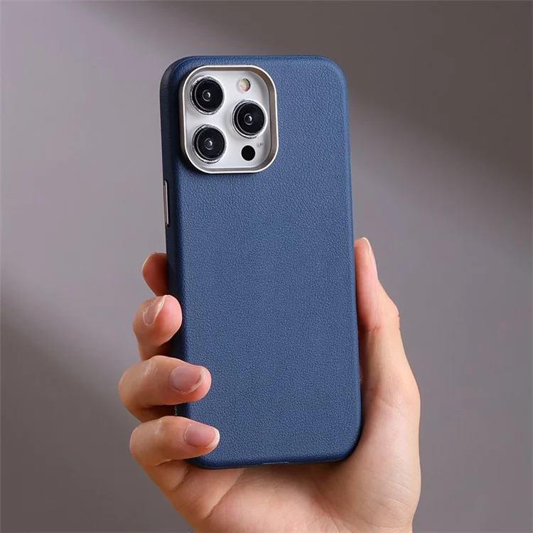 JOYROOM JR-BP007 Litchi Pattern Series Magnetic Case for iPhone 15 Pro , Genuine Cow Leather Coated PC+TPU Phone Cover - Blue
