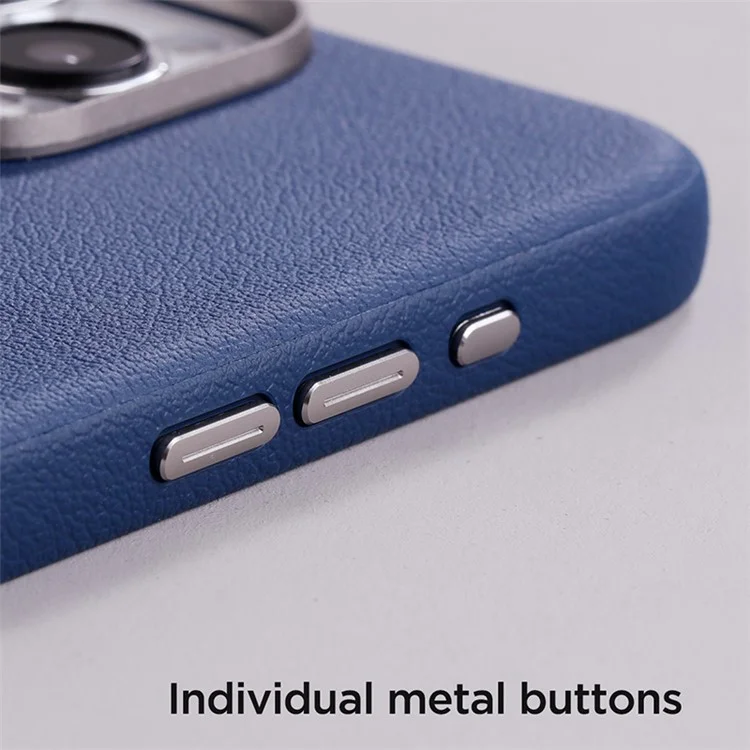 JOYROOM JR-BP007 Litchi Pattern Series Magnetic Case for iPhone 15 Pro , Genuine Cow Leather Coated PC+TPU Phone Cover - Blue