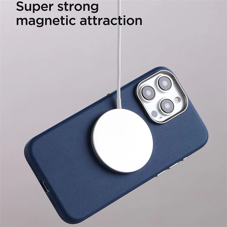 JOYROOM JR-BP007 Litchi Pattern Series Magnetic Case for iPhone 15 Pro , Genuine Cow Leather Coated PC+TPU Phone Cover - Blue