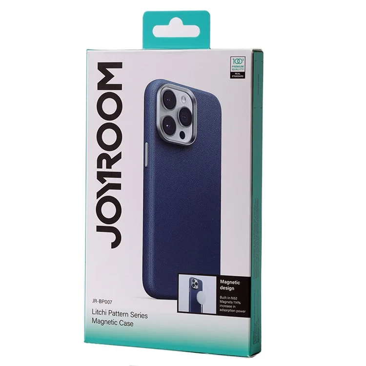 JOYROOM JR-BP007 Litchi Pattern Series Magnetic Case for iPhone 15 Pro , Genuine Cow Leather Coated PC+TPU Phone Cover - Blue