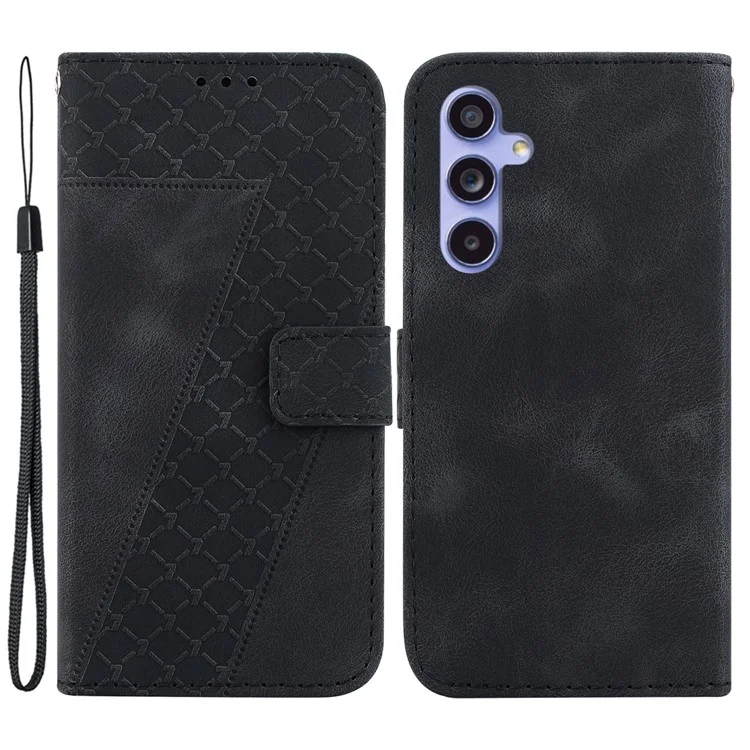 For Samsung Galaxy S23 FE Well-protected 7-Shape Imprinted Phone Cover PU Leather Wallet Stand Flip Case - Black