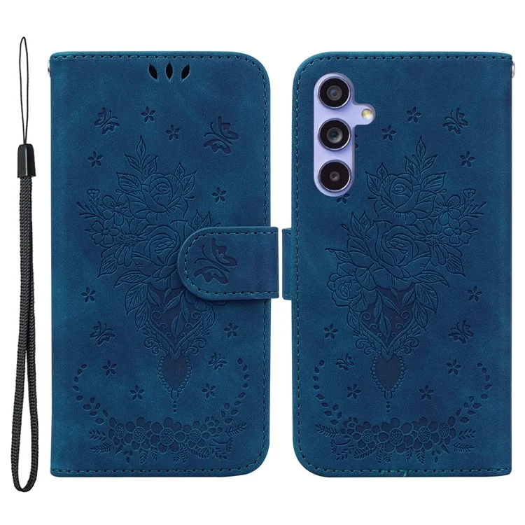 For Samsung Galaxy S23 FE Shockproof Wallet Case Rose Butterfly Imprinted Leather Stand Phone Cover - Blue