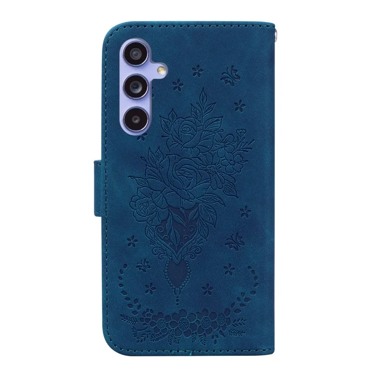 For Samsung Galaxy S23 FE Shockproof Wallet Case Rose Butterfly Imprinted Leather Stand Phone Cover - Blue