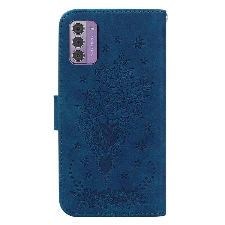 Rose Butterfly Imprinted Case per Nokia G42, Protezione da Caduta Portafoglio in Pelle PU Stand per Telefono Custodia - Blu