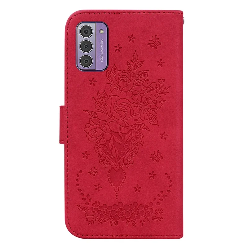 Rose Butterfly Imprinted Case for Nokia G42 , Fall Protection PU Leather Wallet Stand Phone Cover - Red