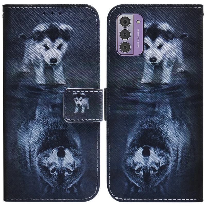 For Nokia G42 Wallet Phone Case PU Leather Pattern Printing Stand Full Protection Cover - Dog and Wolf