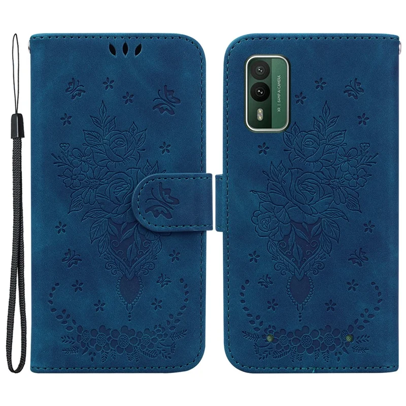 Rose Butterfly Imprinted Case für Nokia XR21, Vollschutz PU-Leder Brieftasche Ständer Handyhülle - Blau