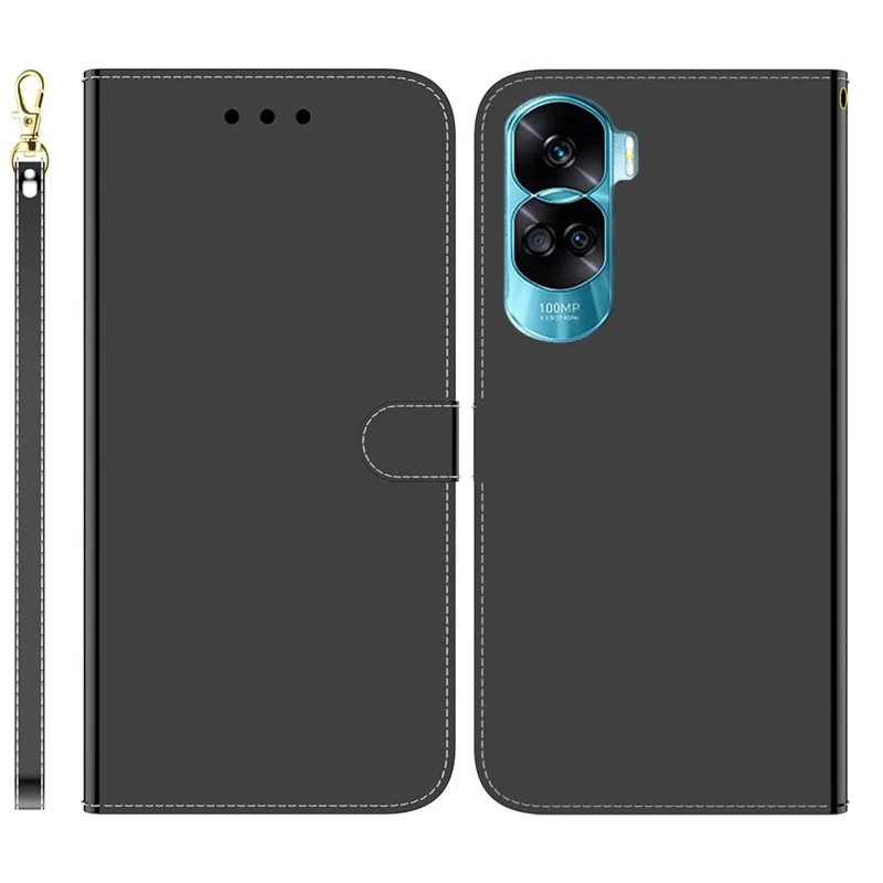 For Honor 90 Lite 5G / X50i 5G Mirror-Like Surface PU Leather Cover Anti-drop Wallet Stand Phone Case - Black