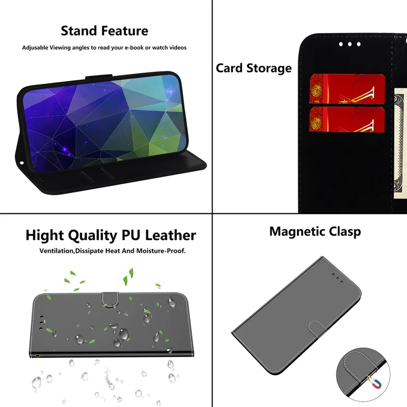 For Honor 90 Lite 5G / X50i 5G Mirror-Like Surface PU Leather Cover Anti-drop Wallet Stand Phone Case - Black