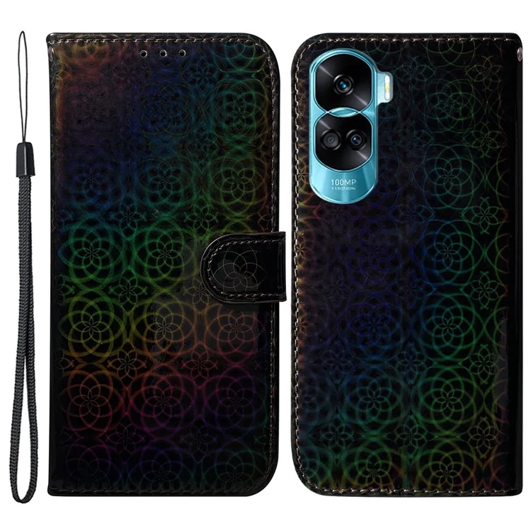 Для Honor 90 Lite 5G / X50i 5G Dazzling Flower Pattern Wallet Case Cell Phone PU Leather Stand Cover - Black