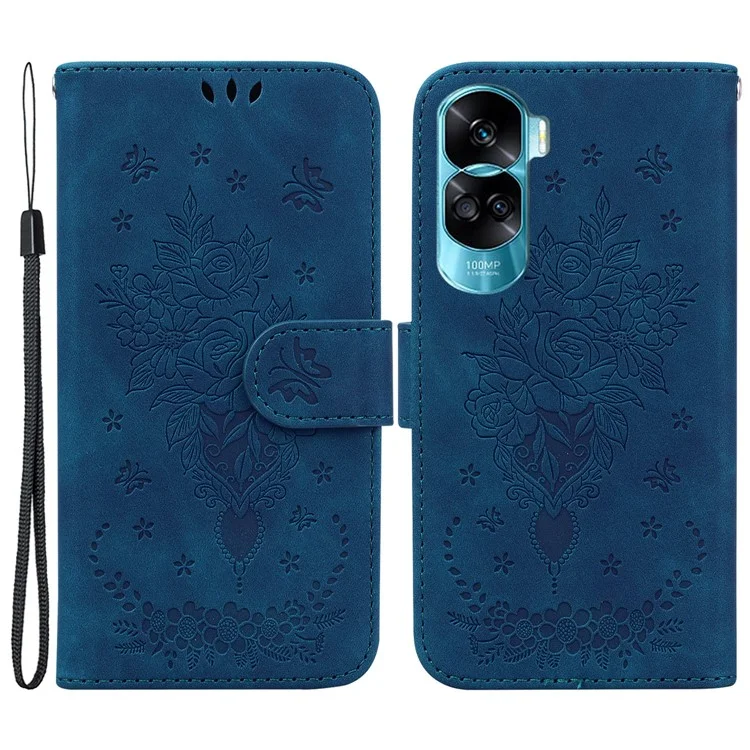 Rose Butterfly Imprinted Case for Honor 90 Lite 5G / X50i 5G , PU Leather Wallet Stand Protective Phone Cover - Blue