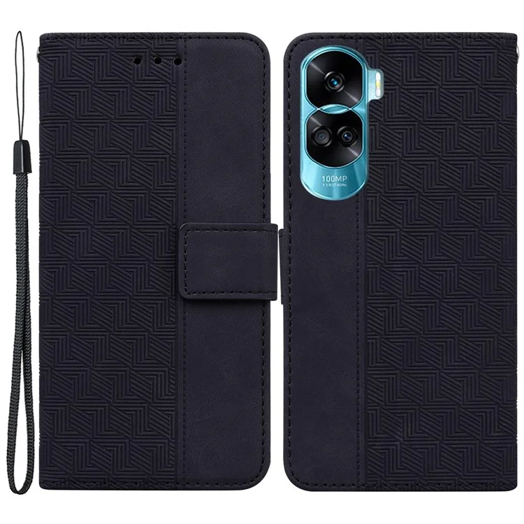 Чехол-кошелек из флипа кожи для Honor 90 Lite 5G / X50i 5G, геометрический тиснёный чехол для телефона со стойкой - чёрный