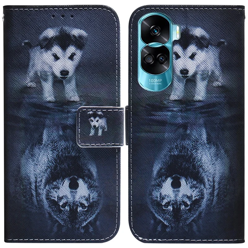 PU Leather Phone Case for Honor 90 Lite 5G / X50i 5G , Pattern Printing Stand Protective Wallet Cover - Dog and Wolf
