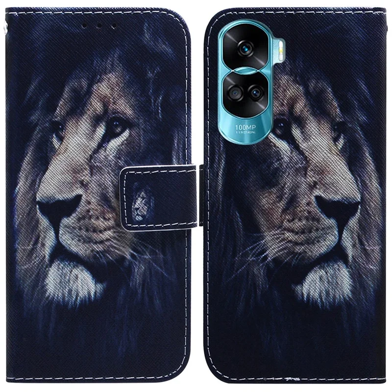 PU Leather Phone Case for Honor 90 Lite 5G / X50i 5G , Pattern Printing Stand Protective Wallet Cover - Lion