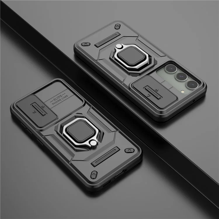 Pour Samsung Galaxy S23 Drop Resistant PC+TPU Phone Case Slide Lens Protection Kickstand Cover - Noir