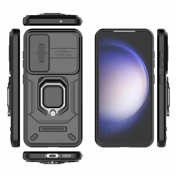 Pour Samsung Galaxy S23 Drop Resistant PC+TPU Phone Case Slide Lens Protection Kickstand Cover - Noir