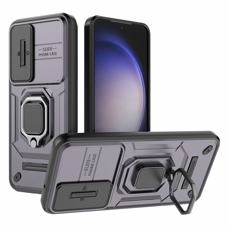 For Samsung Galaxy S23 Drop Resistant PC+TPU Phone Case Slide Lens Protection Kickstand Cover - Purple