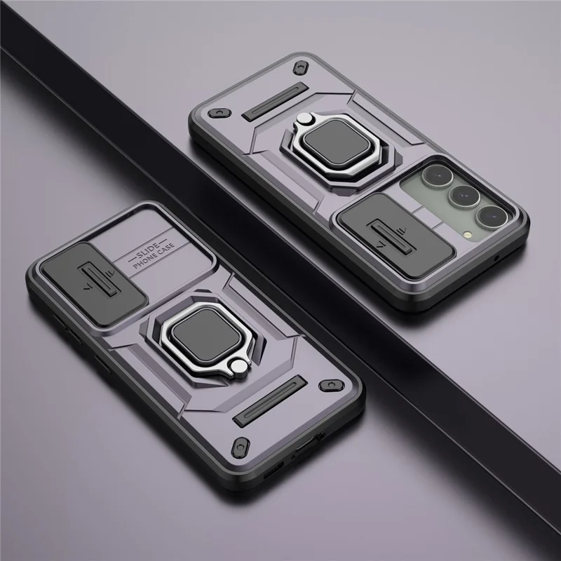 For Samsung Galaxy S23 Drop Resistant PC+TPU Phone Case Slide Lens Protection Kickstand Cover - Purple