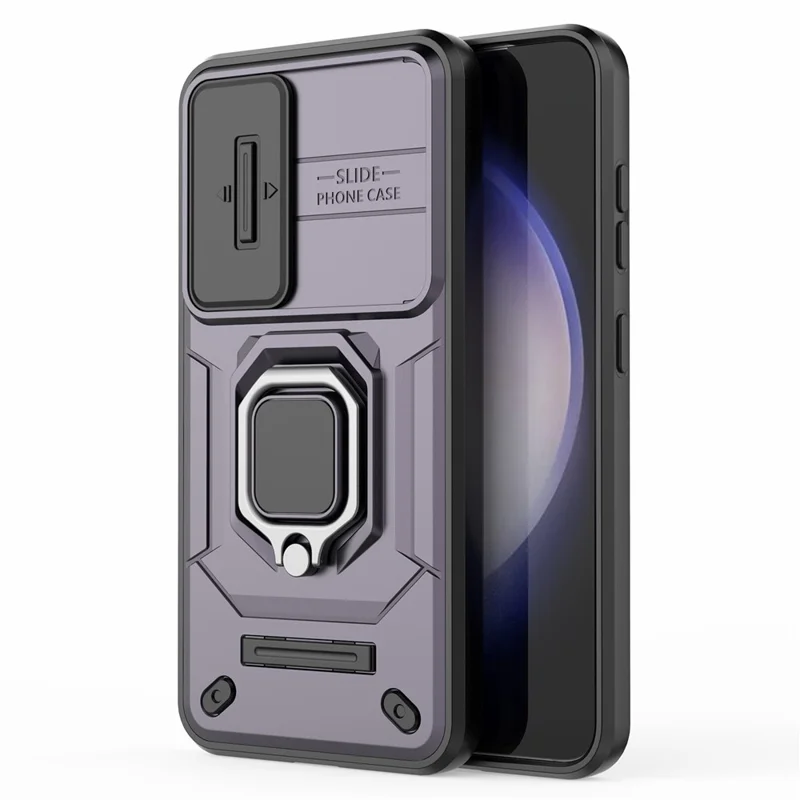 For Samsung Galaxy S23 Drop Resistant PC+TPU Phone Case Slide Lens Protection Kickstand Cover - Purple