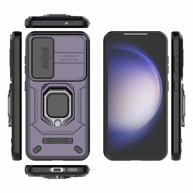 For Samsung Galaxy S23 Drop Resistant PC+TPU Phone Case Slide Lens Protection Kickstand Cover - Purple