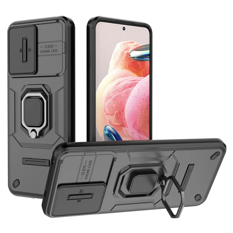 PC+TPU Rückenschale für Xiaomi Redmi Note 12 4G, Handyhülle mit Slideschutz für die Kamera und Ständer - Schwarz