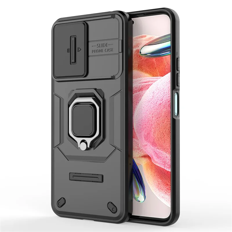 PC+TPU Rückenschale für Xiaomi Redmi Note 12 4G, Handyhülle mit Slideschutz für die Kamera und Ständer - Schwarz