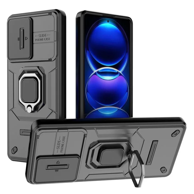 Carcasa protectora para la espalda para Xiaomi Redmi Note 12 Pro+ 5G, funda de teléfono con protección de lente deslizante PC+TPU con soporte - Negro