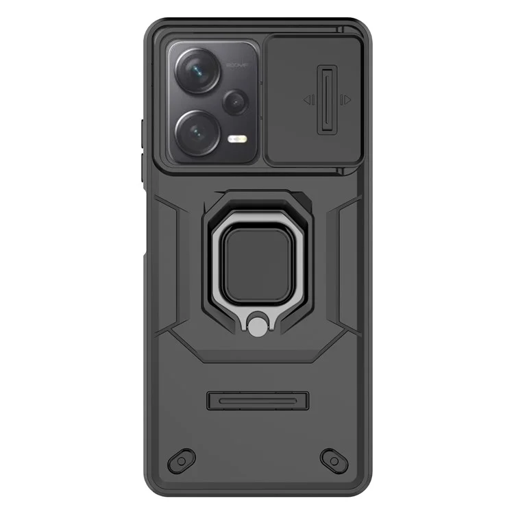 Carcasa protectora para la espalda para Xiaomi Redmi Note 12 Pro+ 5G, funda de teléfono con protección de lente deslizante PC+TPU con soporte - Negro