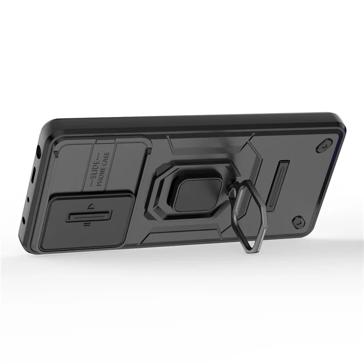 Carcasa protectora para la espalda para Xiaomi Redmi Note 12 Pro+ 5G, funda de teléfono con protección de lente deslizante PC+TPU con soporte - Negro