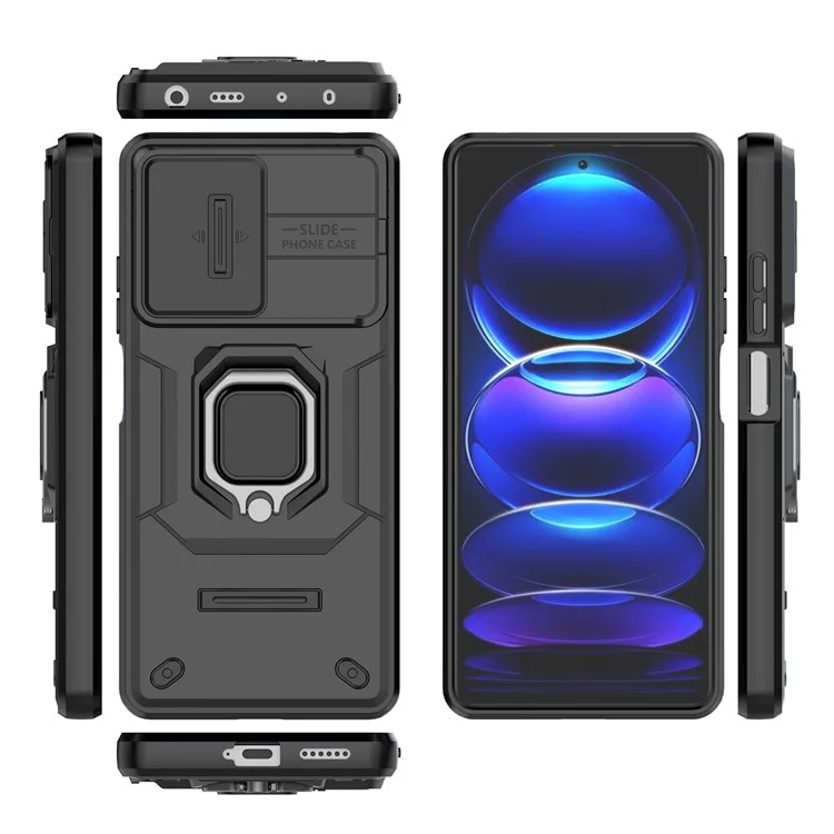 Carcasa protectora para la espalda para Xiaomi Redmi Note 12 Pro+ 5G, funda de teléfono con protección de lente deslizante PC+TPU con soporte - Negro