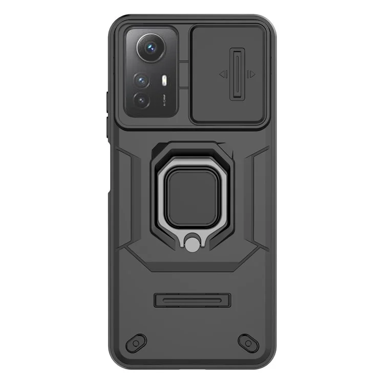 PC+TPU Shell for Xiaomi Redmi Note 12S 4G , Slide Lens Protection Phone Case Back Guard Cover with Kickstand - Black