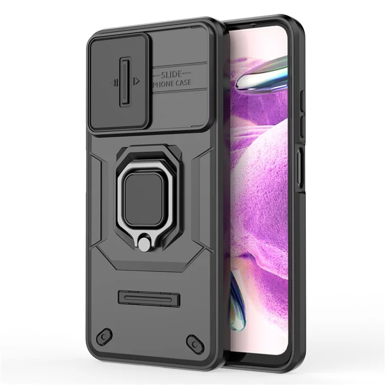 PC+TPU Shell for Xiaomi Redmi Note 12S 4G , Slide Lens Protection Phone Case Back Guard Cover with Kickstand - Black
