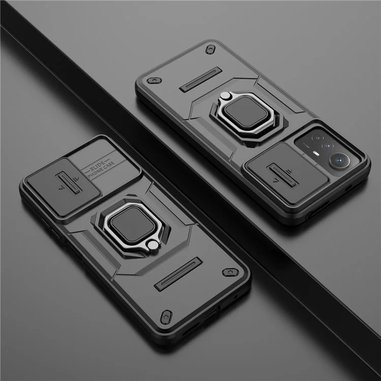 PC+TPU Shell for Xiaomi Redmi Note 12S 4G , Slide Lens Protection Phone Case Back Guard Cover with Kickstand - Black