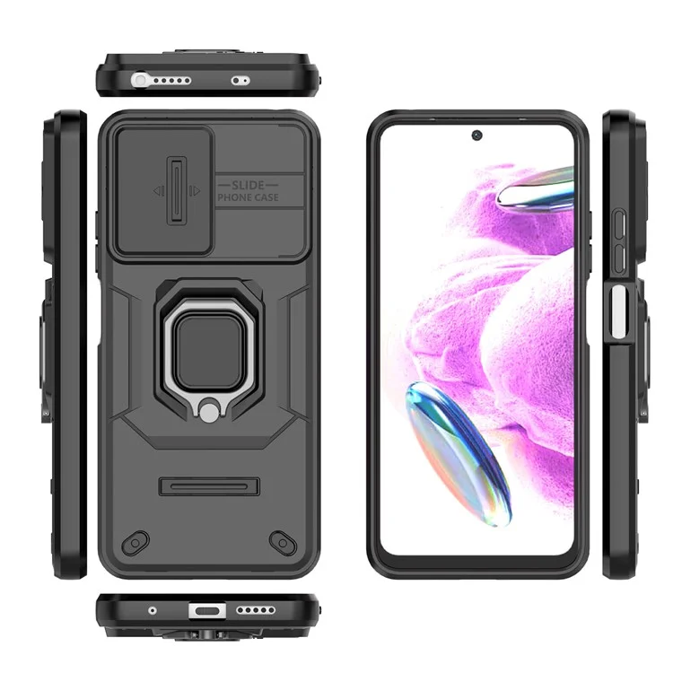 PC+TPU Shell for Xiaomi Redmi Note 12S 4G , Slide Lens Protection Phone Case Back Guard Cover with Kickstand - Black