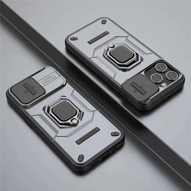 Anti-scratch Shell for iPhone 14 Pro , PC+TPU Phone Case Slide Lens Protection Kickstand Back Cover - Grey