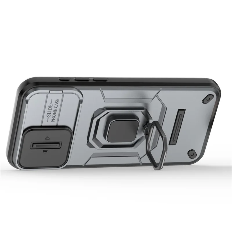 Anti-scratch Shell for iPhone 14 Pro , PC+TPU Phone Case Slide Lens Protection Kickstand Back Cover - Grey