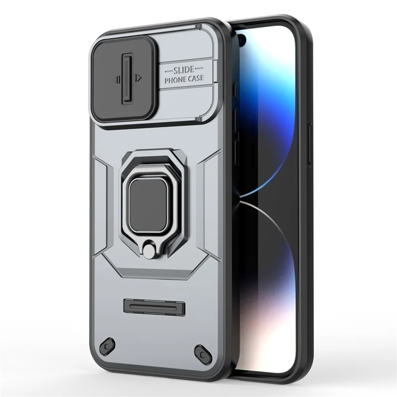 Anti-scratch Shell for iPhone 14 Pro , PC+TPU Phone Case Slide Lens Protection Kickstand Back Cover - Grey