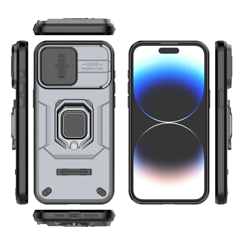 Anti-scratch Shell for iPhone 14 Pro , PC+TPU Phone Case Slide Lens Protection Kickstand Back Cover - Grey