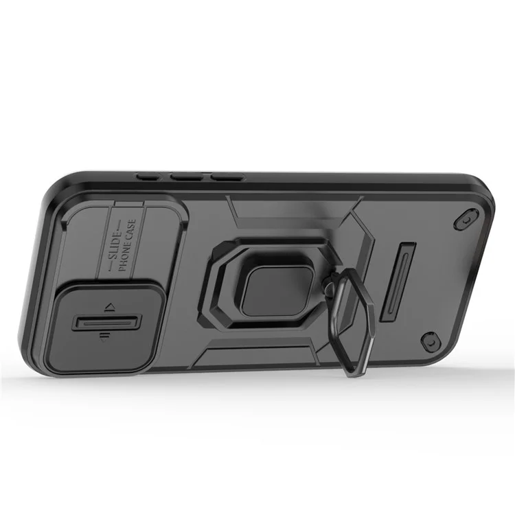 Capa à prova de choque para iPhone 14 Pro Max, Caso de telefone PC + TPU com proteção de lente deslizante e suporte - Preto