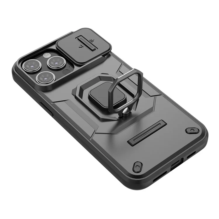 Capa à prova de choque para iPhone 14 Pro Max, Caso de telefone PC + TPU com proteção de lente deslizante e suporte - Preto