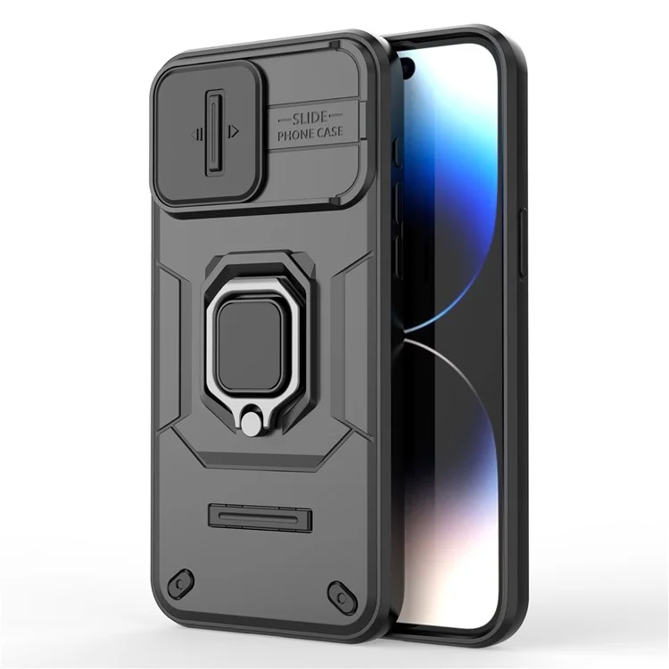 Capa à prova de choque para iPhone 14 Pro Max, Caso de telefone PC + TPU com proteção de lente deslizante e suporte - Preto