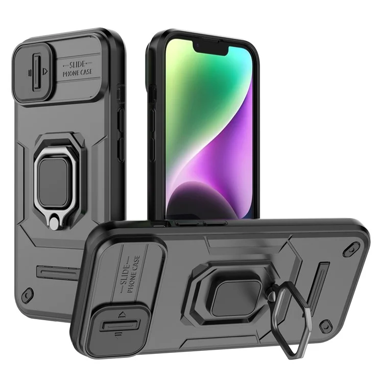 Cellphone Shell for iPhone 14 Plus , PC+TPU Phone Case Slide Lens Protection Kickstand Back Cover - Black