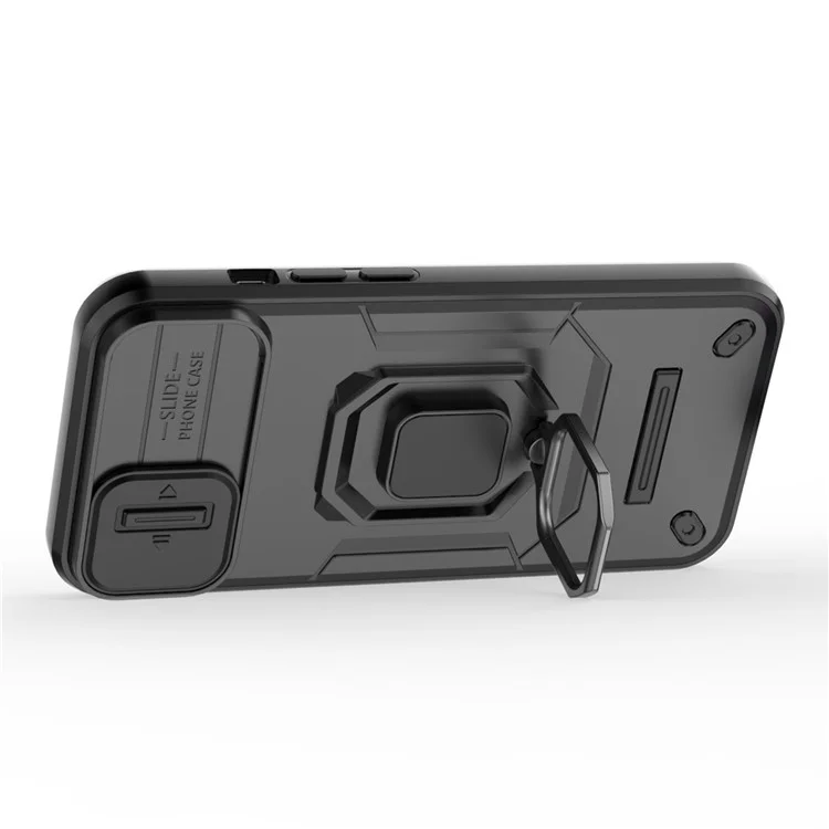 Cellphone Shell for iPhone 14 Plus , PC+TPU Phone Case Slide Lens Protection Kickstand Back Cover - Black