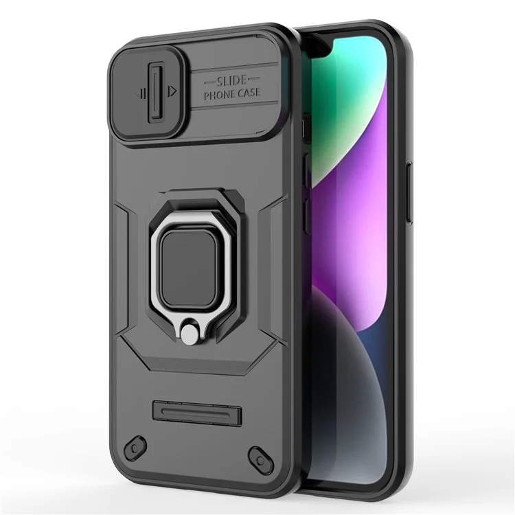 Cellphone Shell for iPhone 14 Plus , PC+TPU Phone Case Slide Lens Protection Kickstand Back Cover - Black