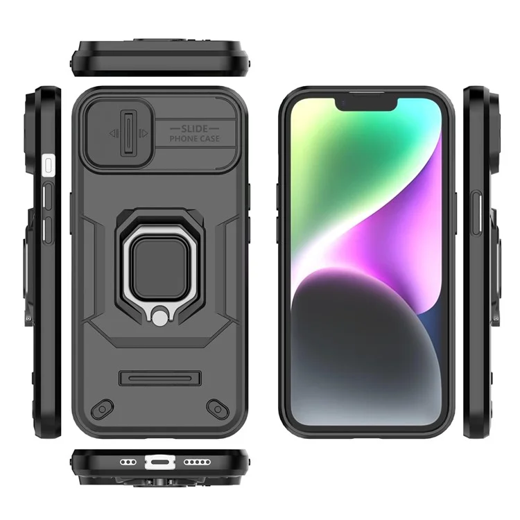 Cellphone Shell for iPhone 14 Plus , PC+TPU Phone Case Slide Lens Protection Kickstand Back Cover - Black