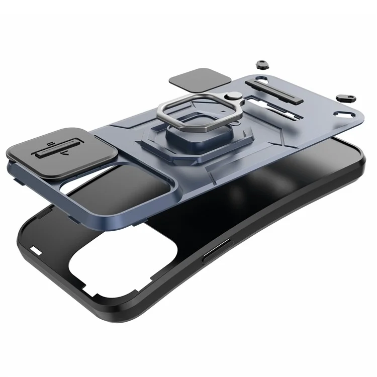 Cellphone Shell for iPhone 14 Plus , PC+TPU Phone Case Slide Lens Protection Kickstand Back Cover - Black