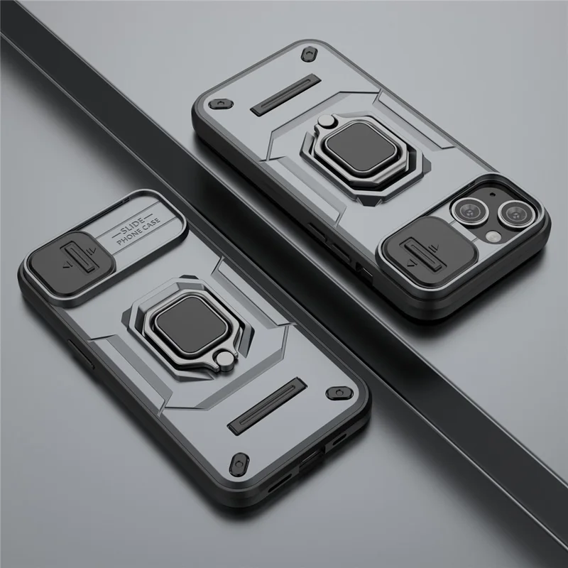 Cellphone Shell for iPhone 14 Plus , PC+TPU Phone Case Slide Lens Protection Kickstand Back Cover - Grey