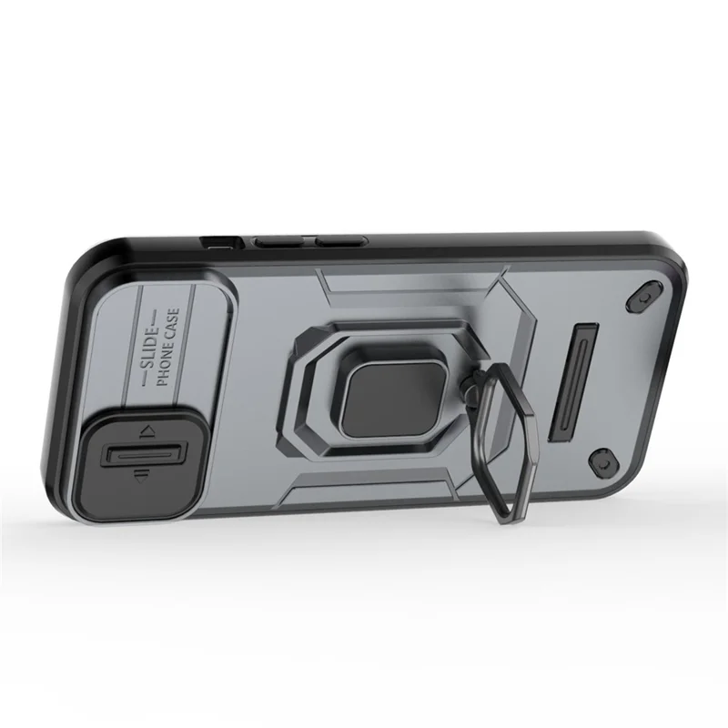 Cellphone Shell for iPhone 14 Plus , PC+TPU Phone Case Slide Lens Protection Kickstand Back Cover - Grey