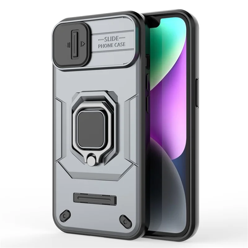 Cellphone Shell for iPhone 14 Plus , PC+TPU Phone Case Slide Lens Protection Kickstand Back Cover - Grey